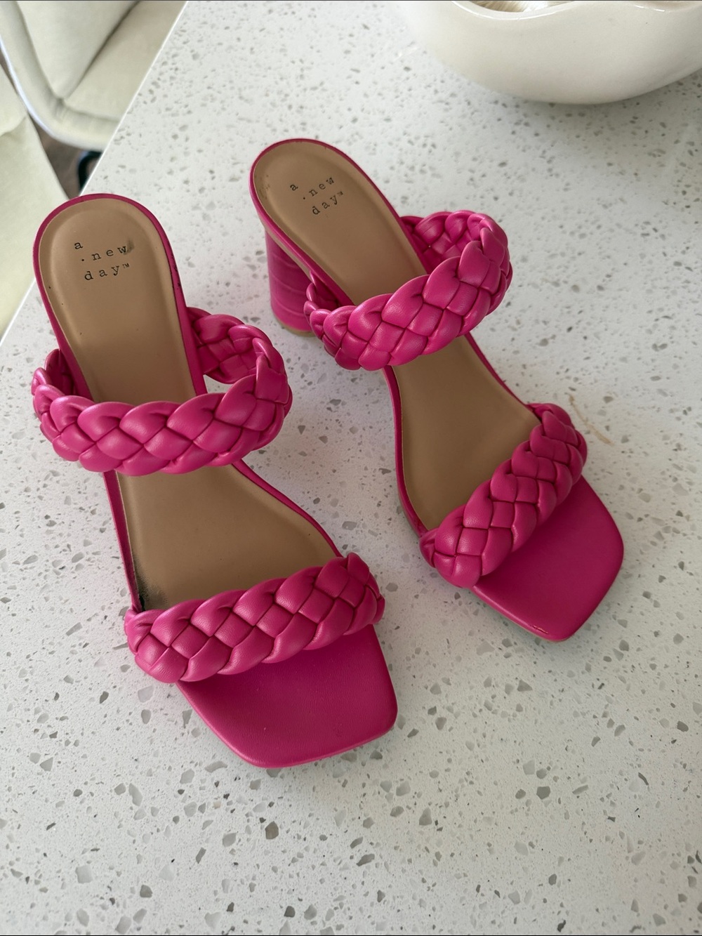 a new day Hot Pink Braided Double-Strap Block Heel Mules